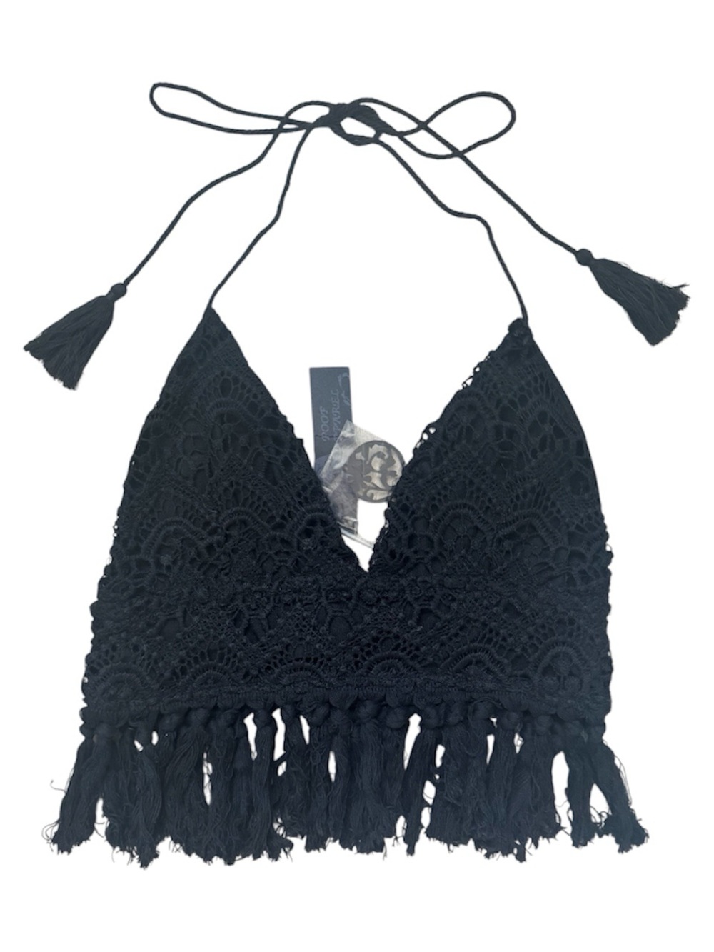 Black Boho Halter Top with Fringe Tassels